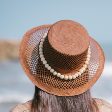 Load image into Gallery viewer, Brown Bucket Hat Pearls Ribbon