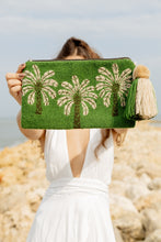 Load image into Gallery viewer, Close-up of Palaa green and beige palm-tree clutch with tassel