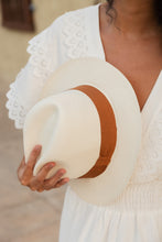 Load image into Gallery viewer, Natural Panama Extra-fine hat with camel band — lifestyle view
